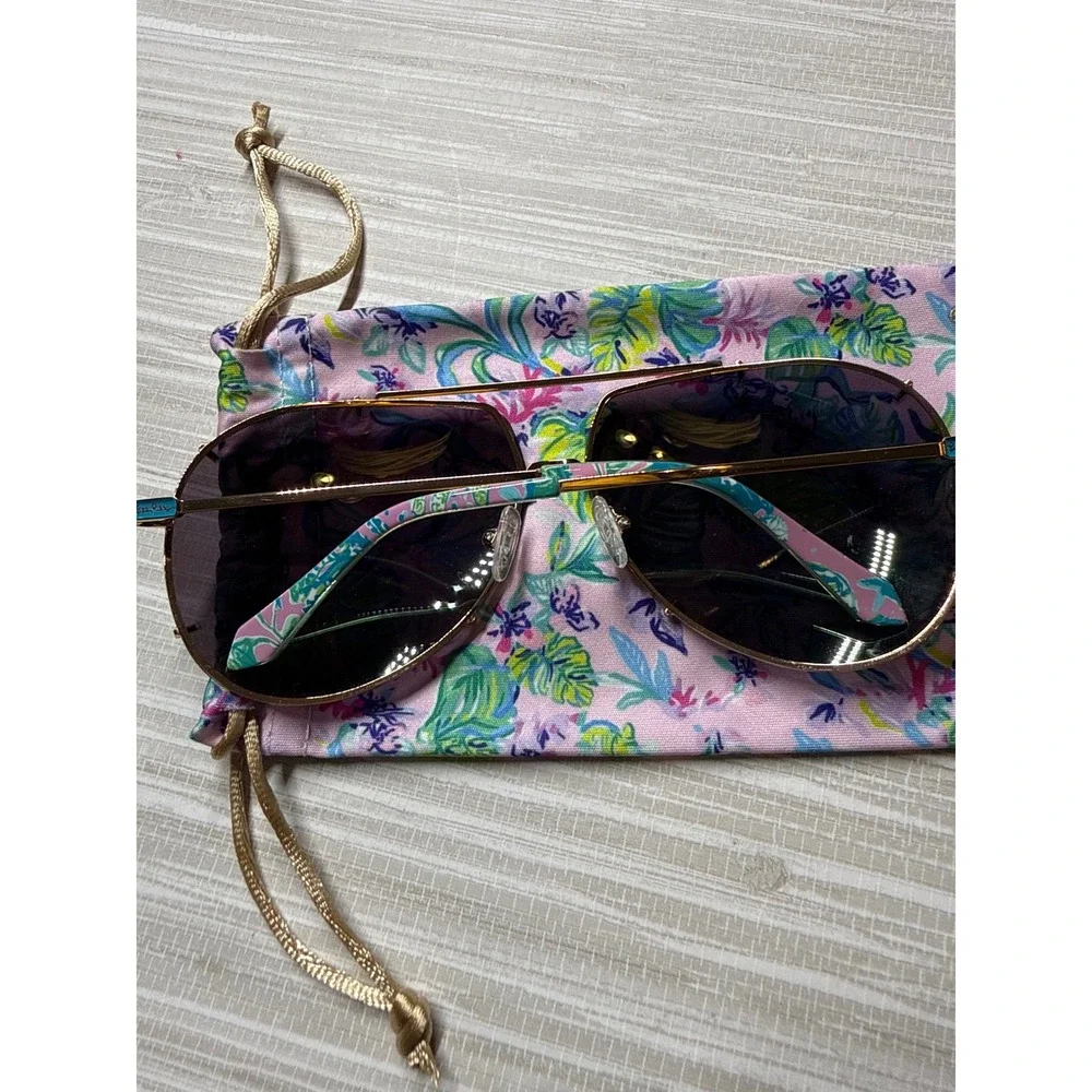 Lilly Pulitzer Adelia Polarized Sunglasses Gold Aviator Purple Floral Pouch 66mm